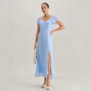 RIHOAS Blue Sweetheart Neck Chiffon Maxi Dress XS